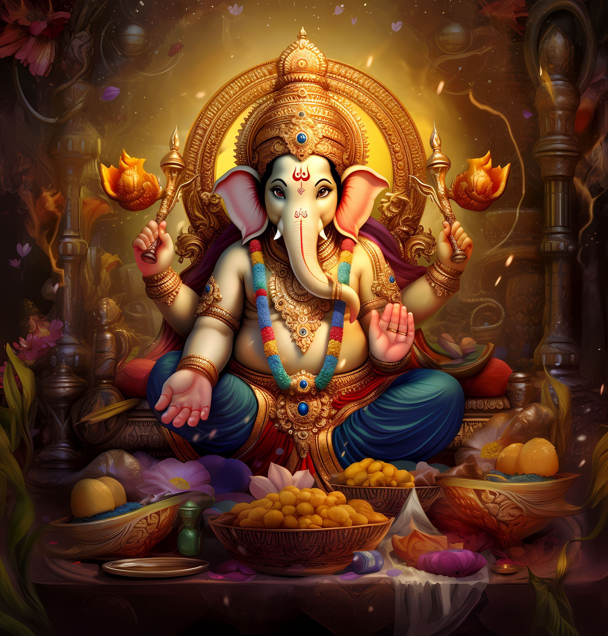 Lord Ganesha surrounded by modaks and lotus
