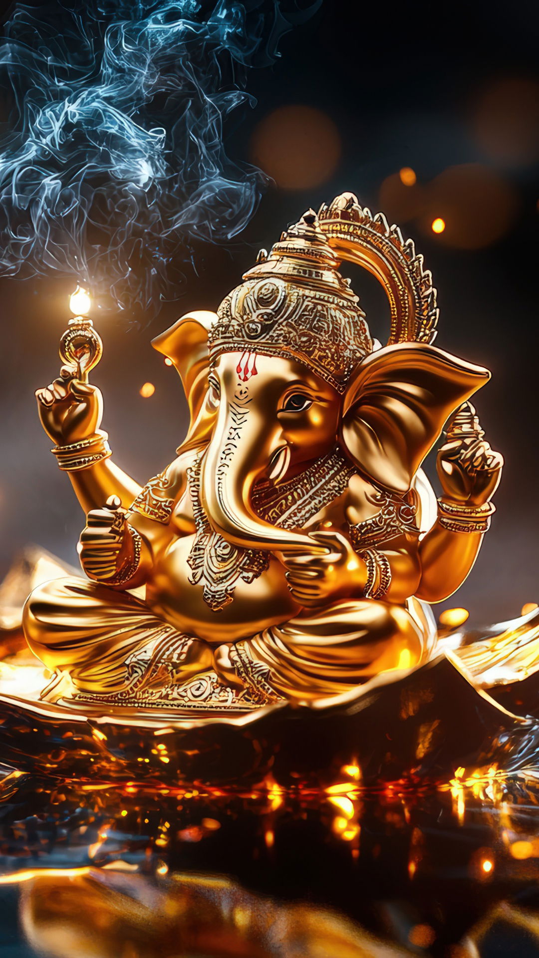 Golden Ganesha with lit diyas