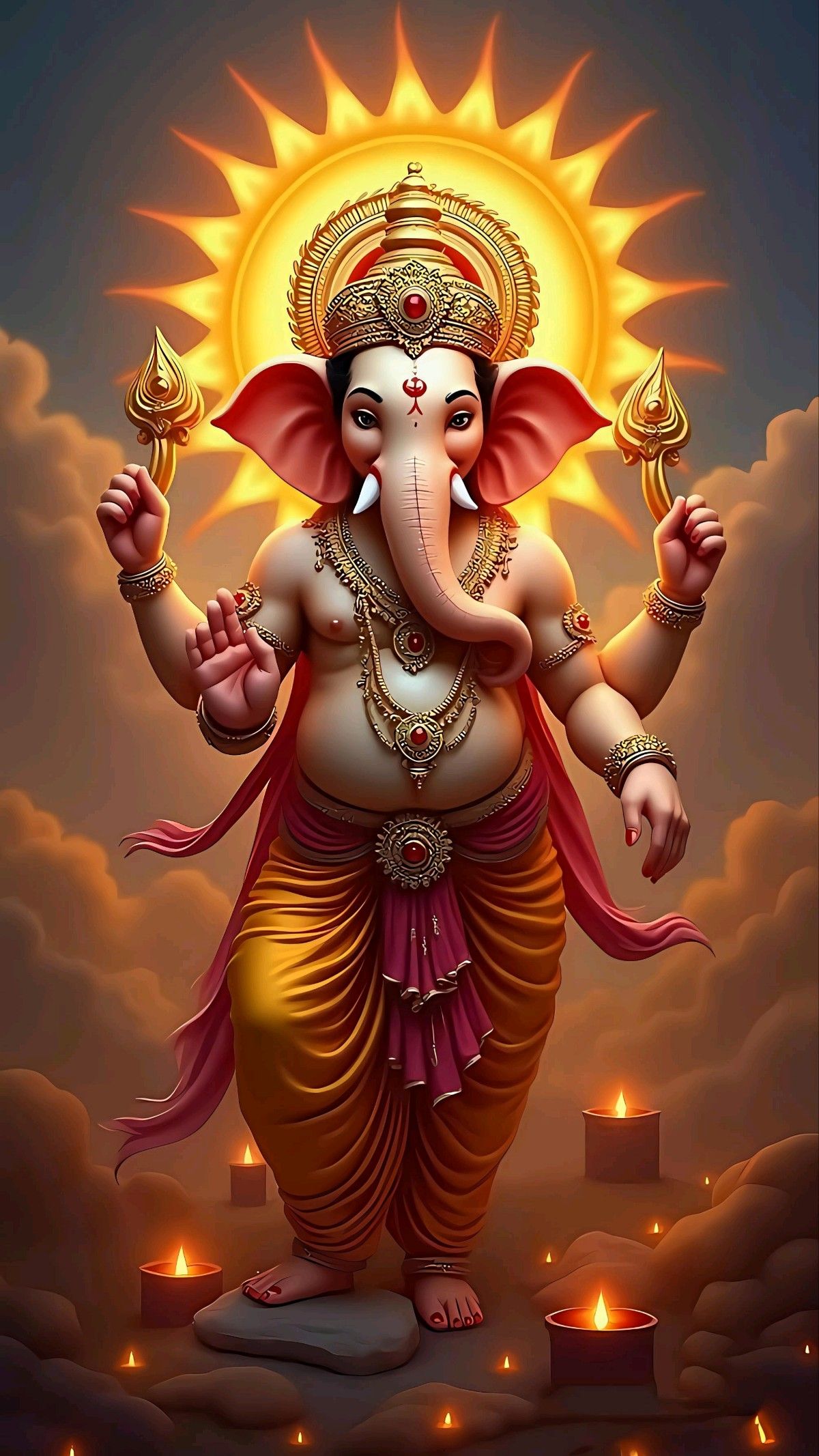 Lord Ganesha with golden halo and mudra.