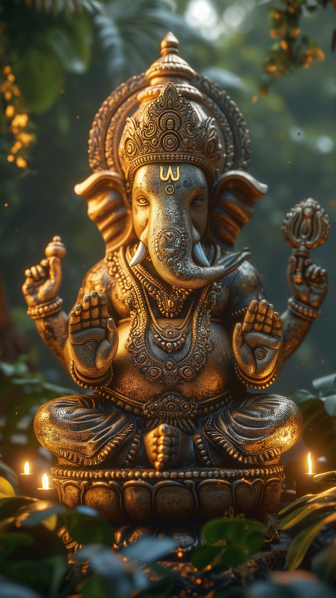 Golden Ganesha statue with diya lamps