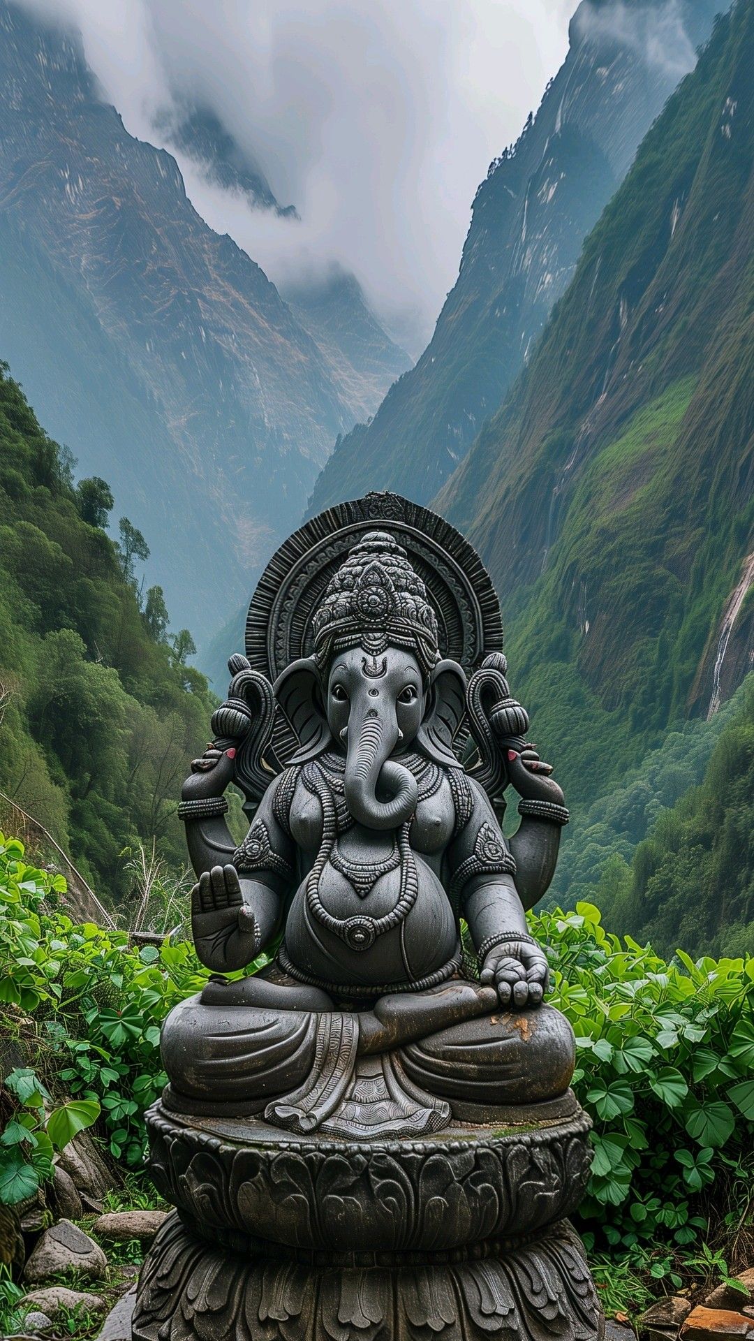 Ganesha statue amidst Himalayan mountains