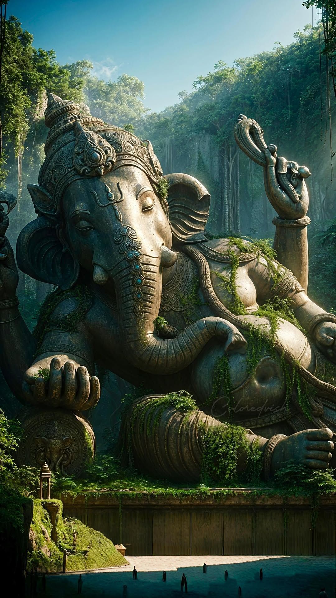 Ancient Ganesha statue in lush jungle