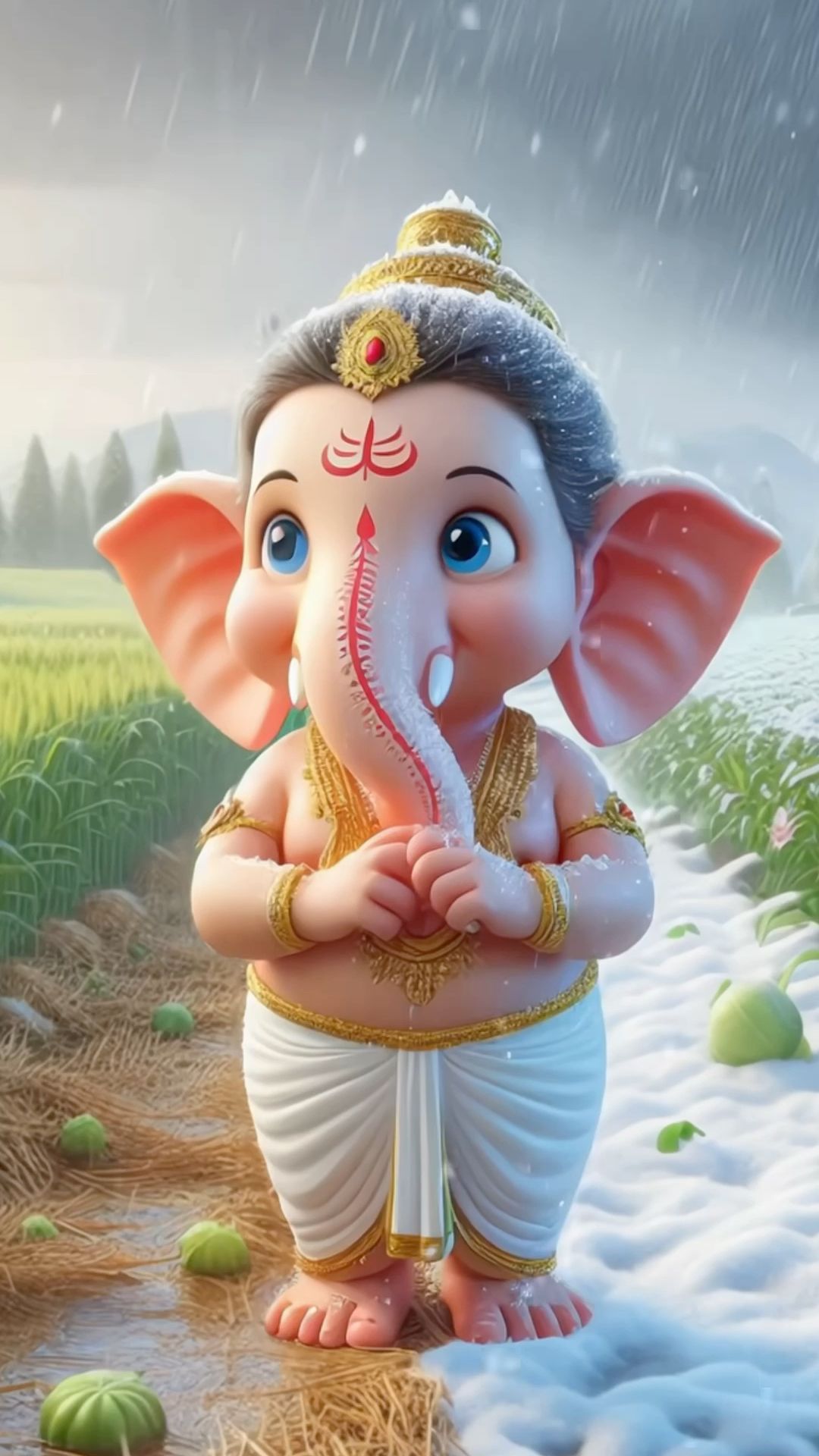 Baby Ganesha stands in a rainy field