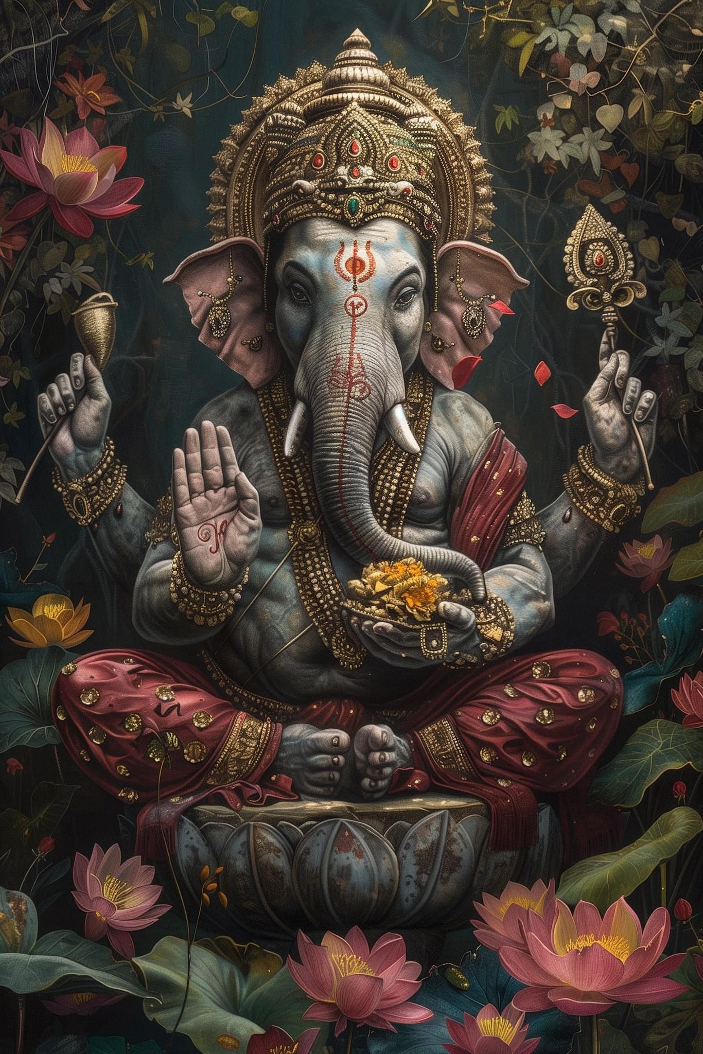 Lord Ganesha amidst lotus blossoms