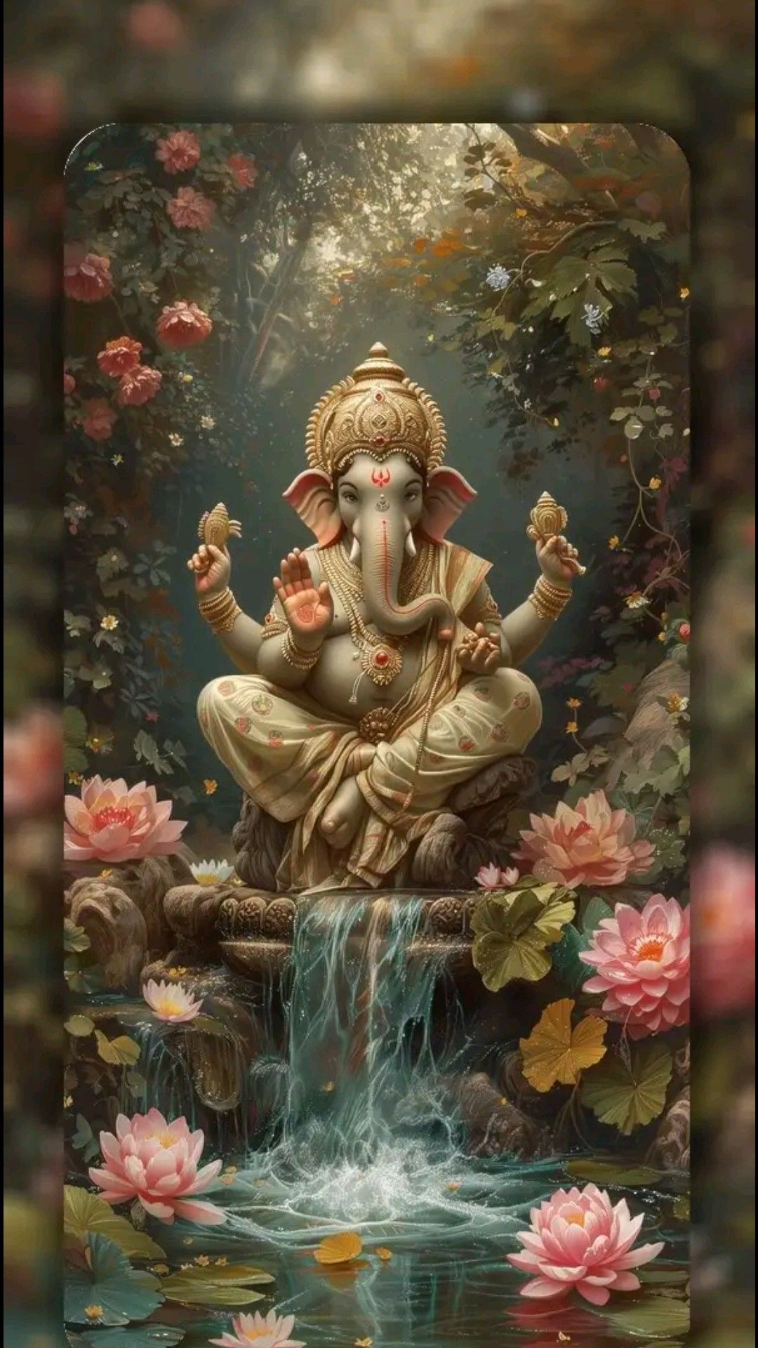 Lord Ganesha sits amongst lotus flowers.