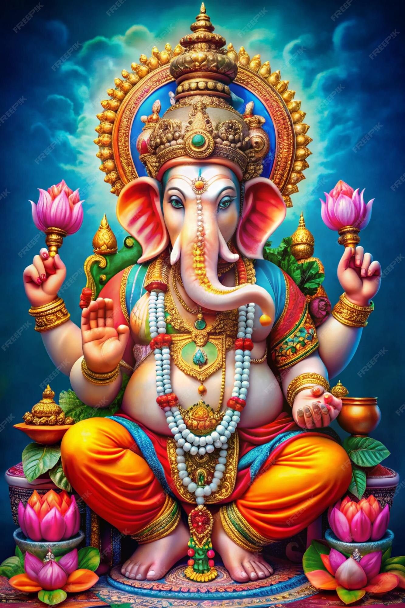 Lord Ganesha with lotus flowers.