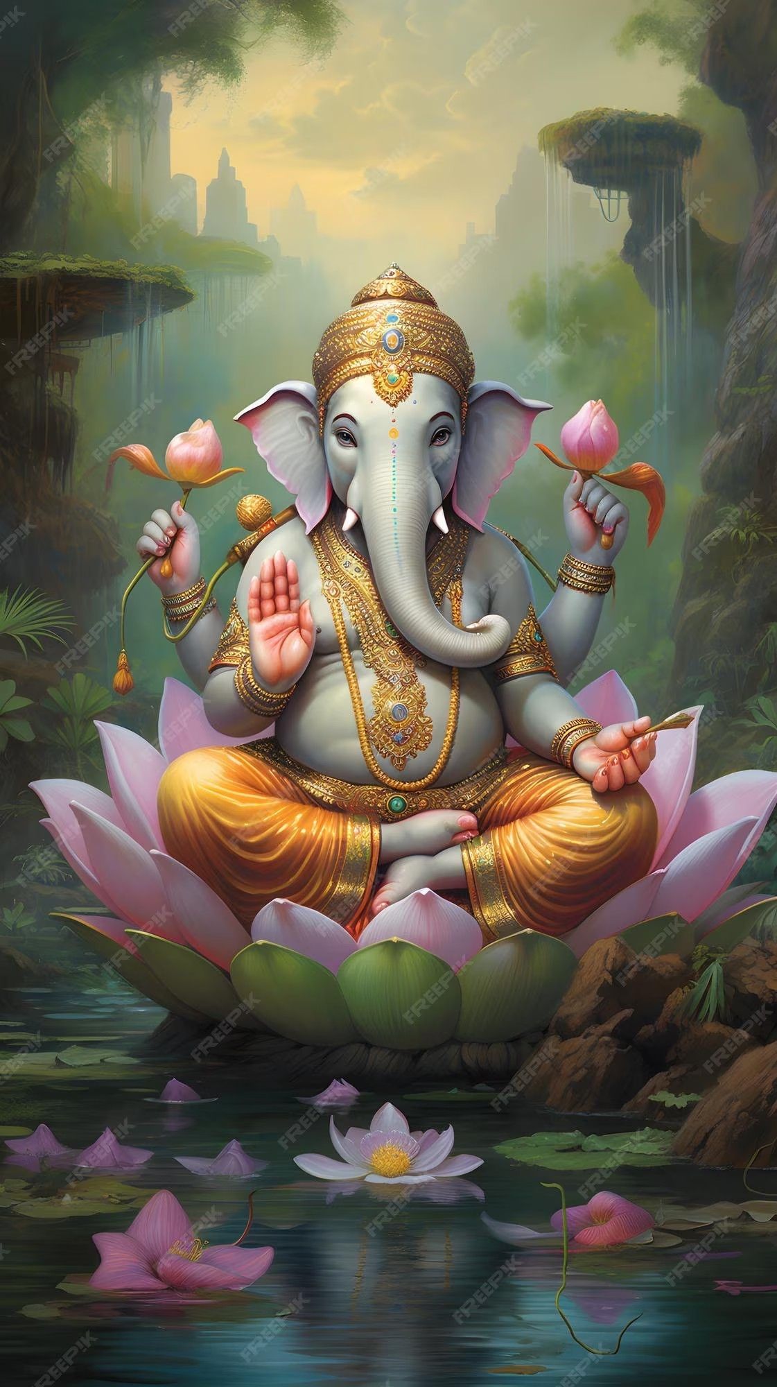 Ganesha seated on a pink lotus
