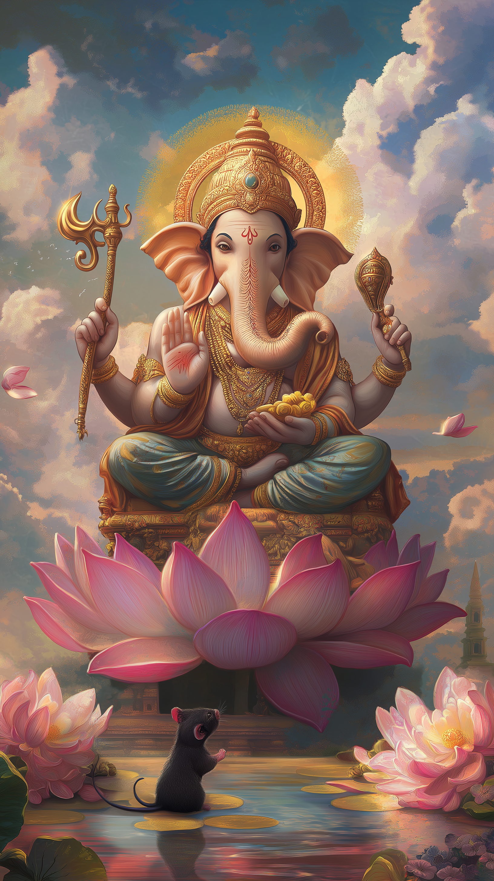 Ganesha seated on pink lotus flower