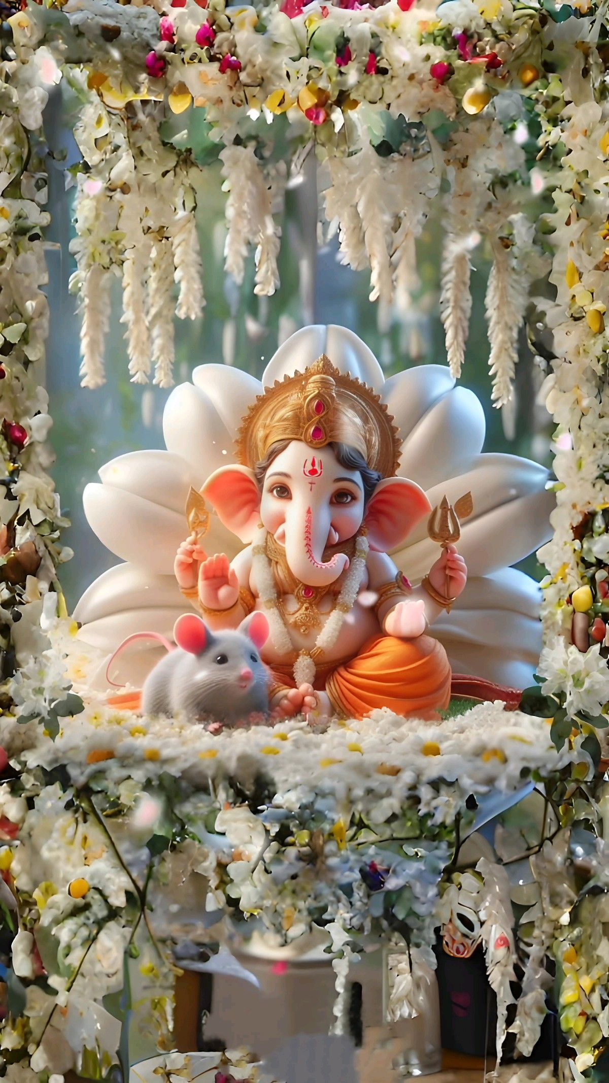 Ganesha seated on lotus with mouse