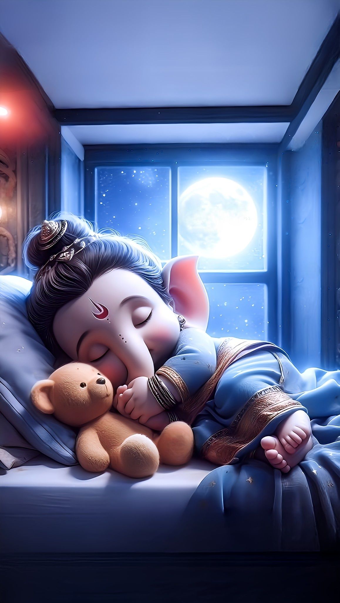 Sleeping baby Ganesha under the moon.
