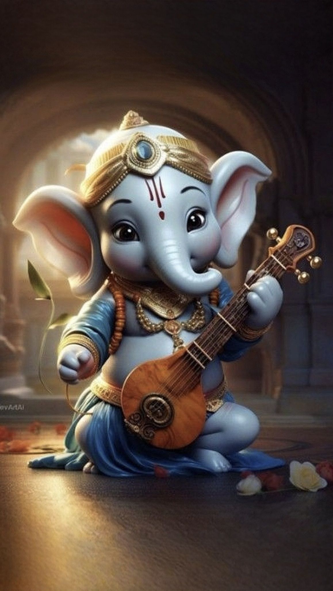 Baby Ganesha plays a musical instrument