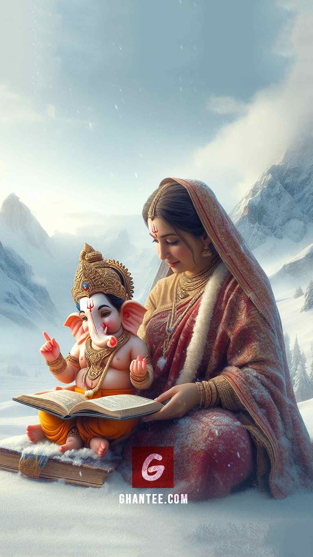 Parvati holding baby Ganesha reading book