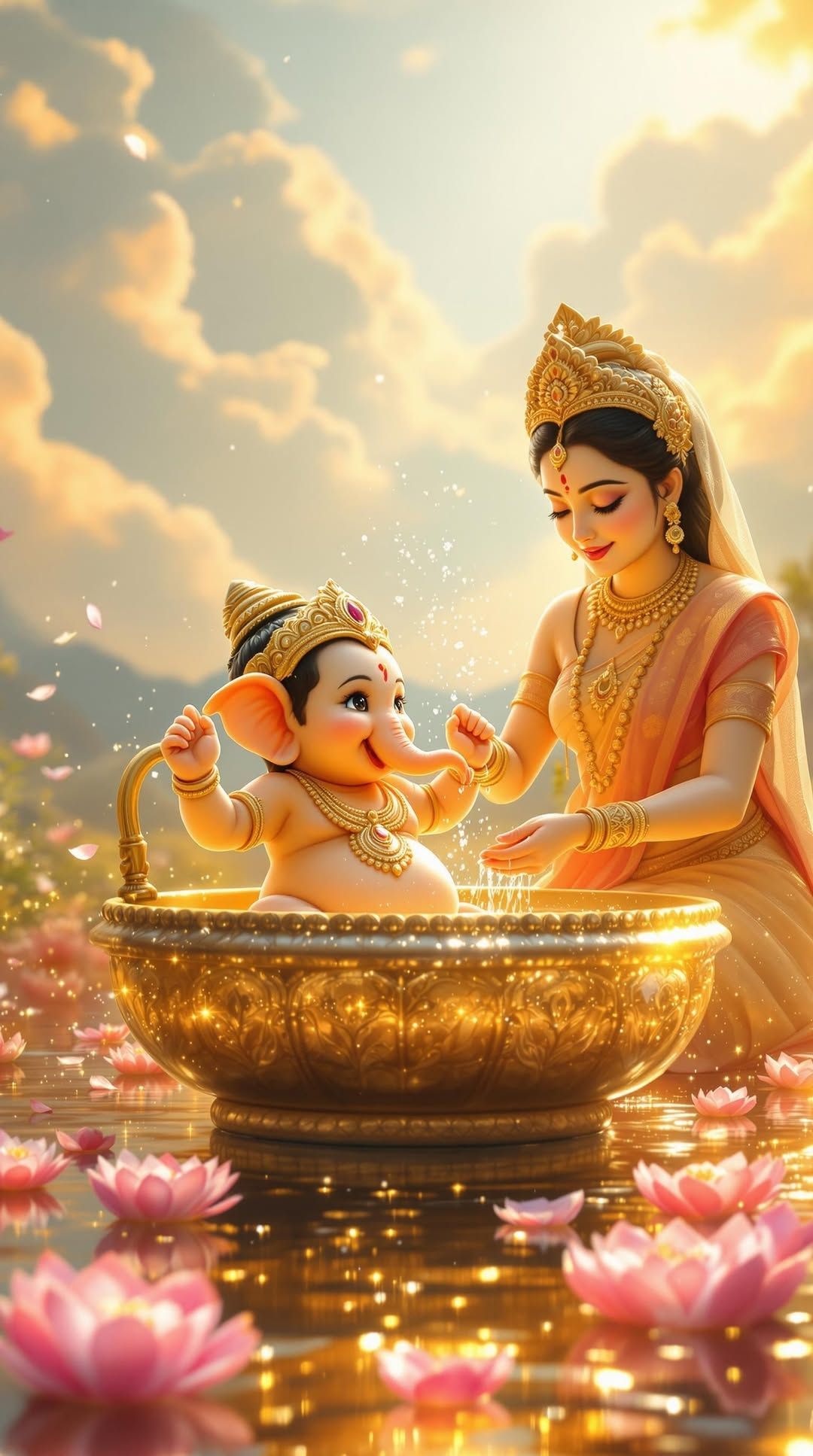 Parvati bathing baby Ganesha in a lotus pond