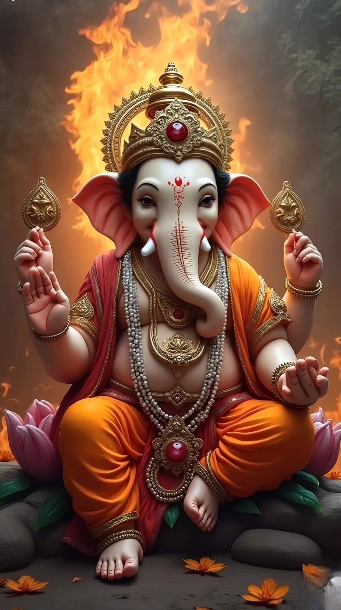 Lord Ganesha seated on a lotus.