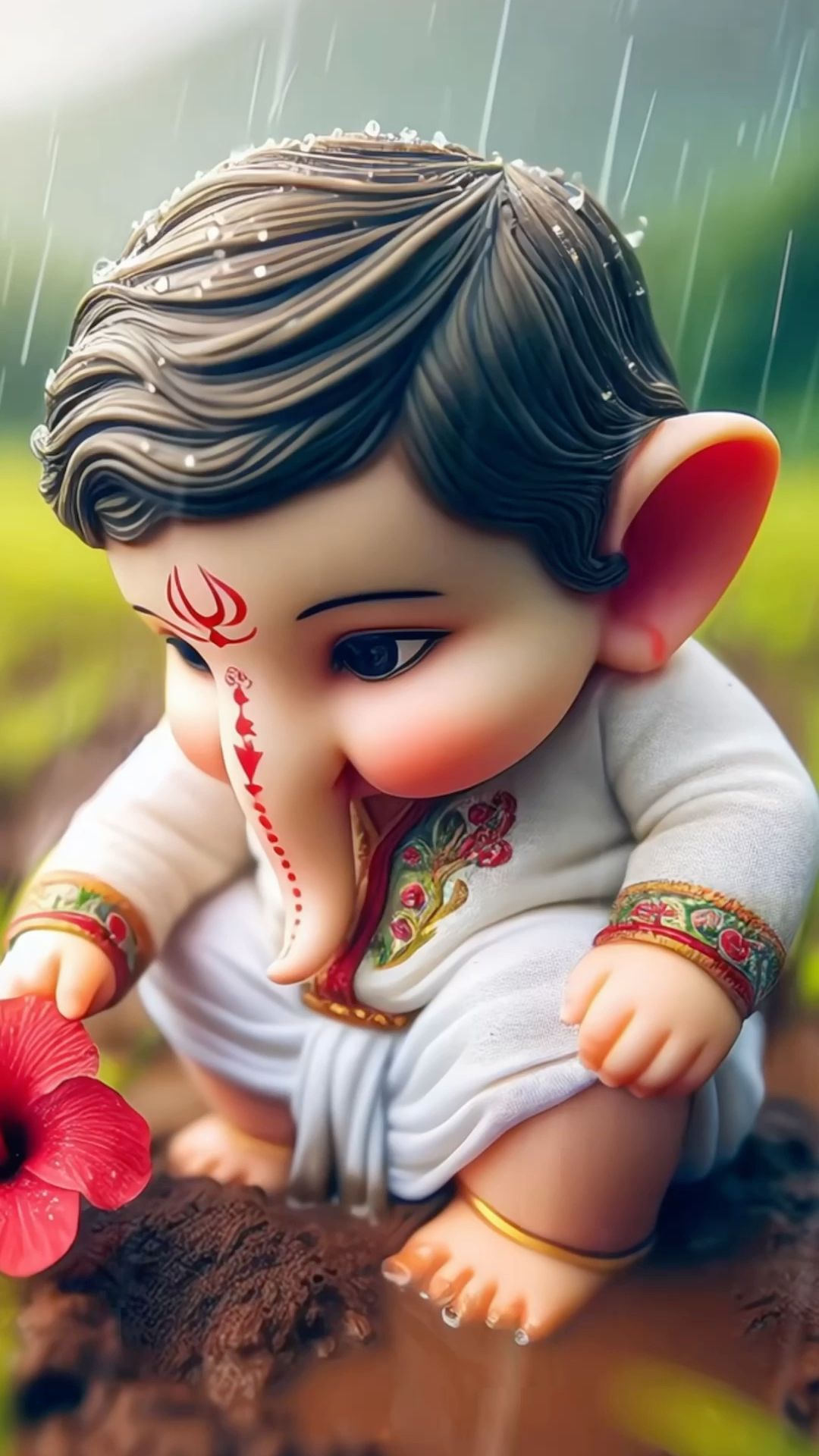 Adorable Ganesha in the rain, closeup view.
