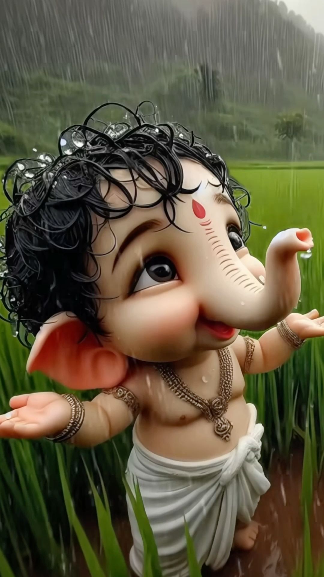Adorable baby Ganesha in the rain