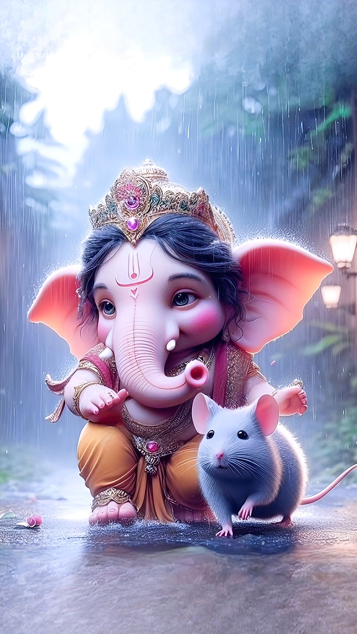 Baby Ganesha enjoys the rain with mouse