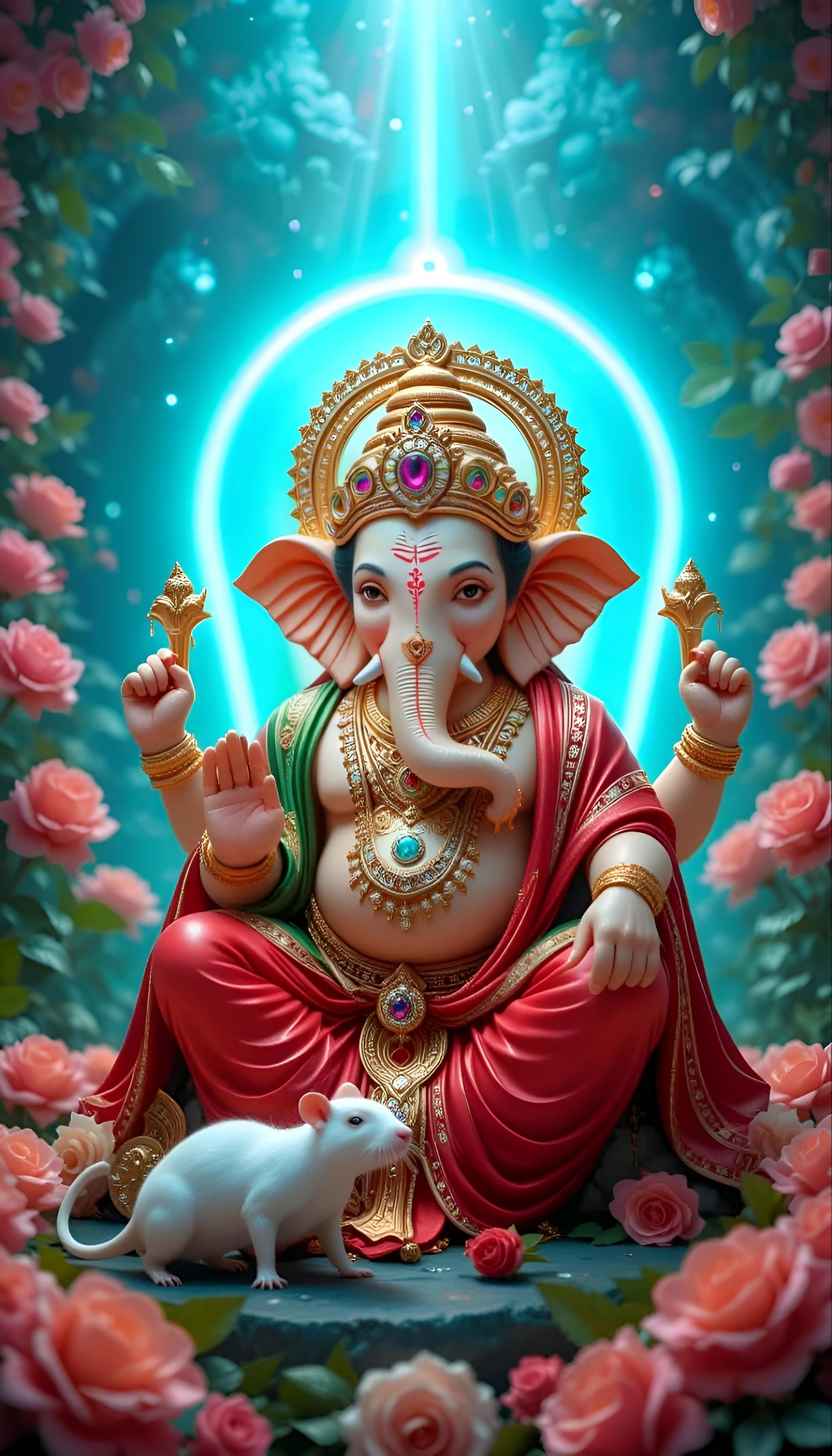 Lord Ganesha amidst a shower of roses