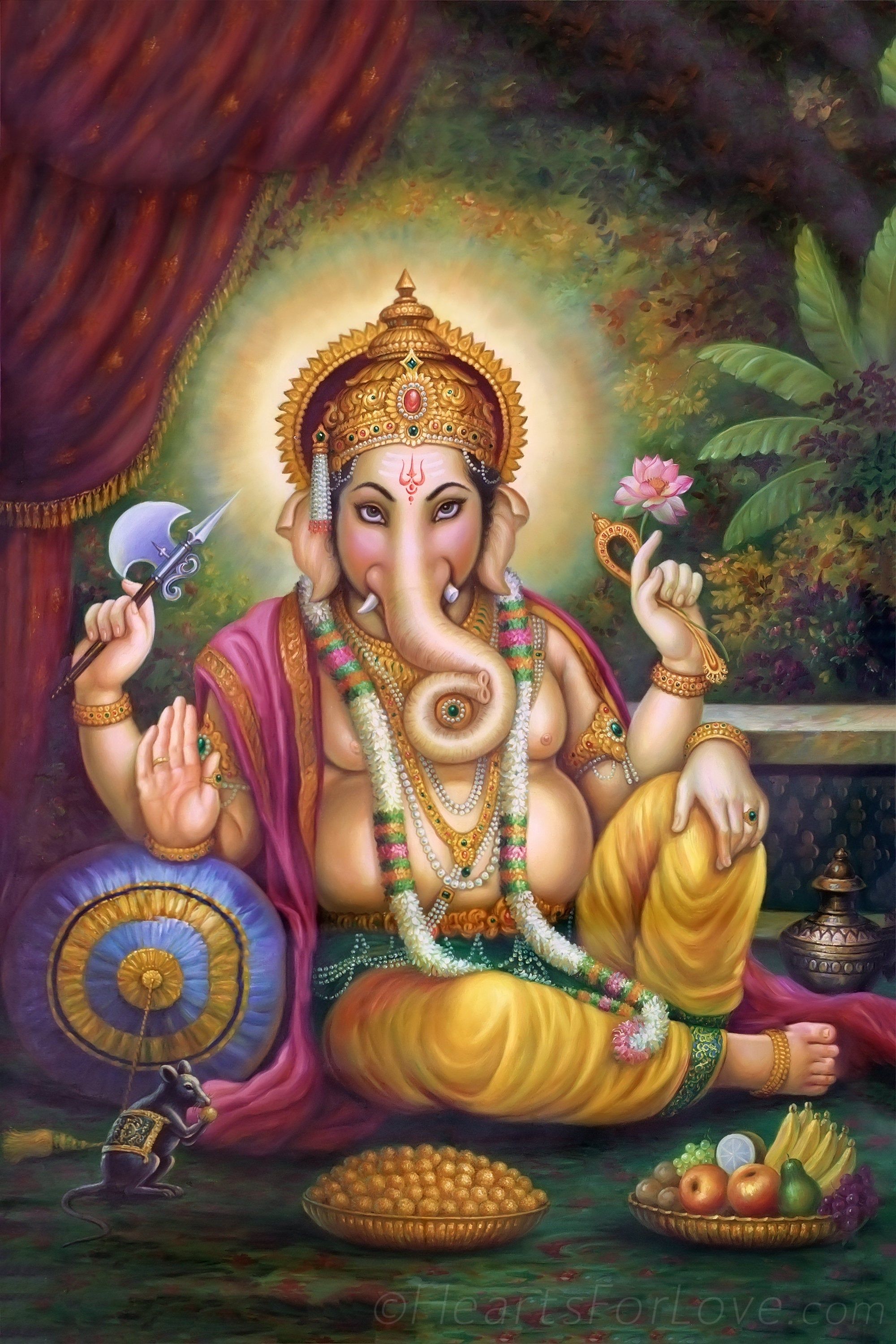 Lord Ganesha with offerings and mouse