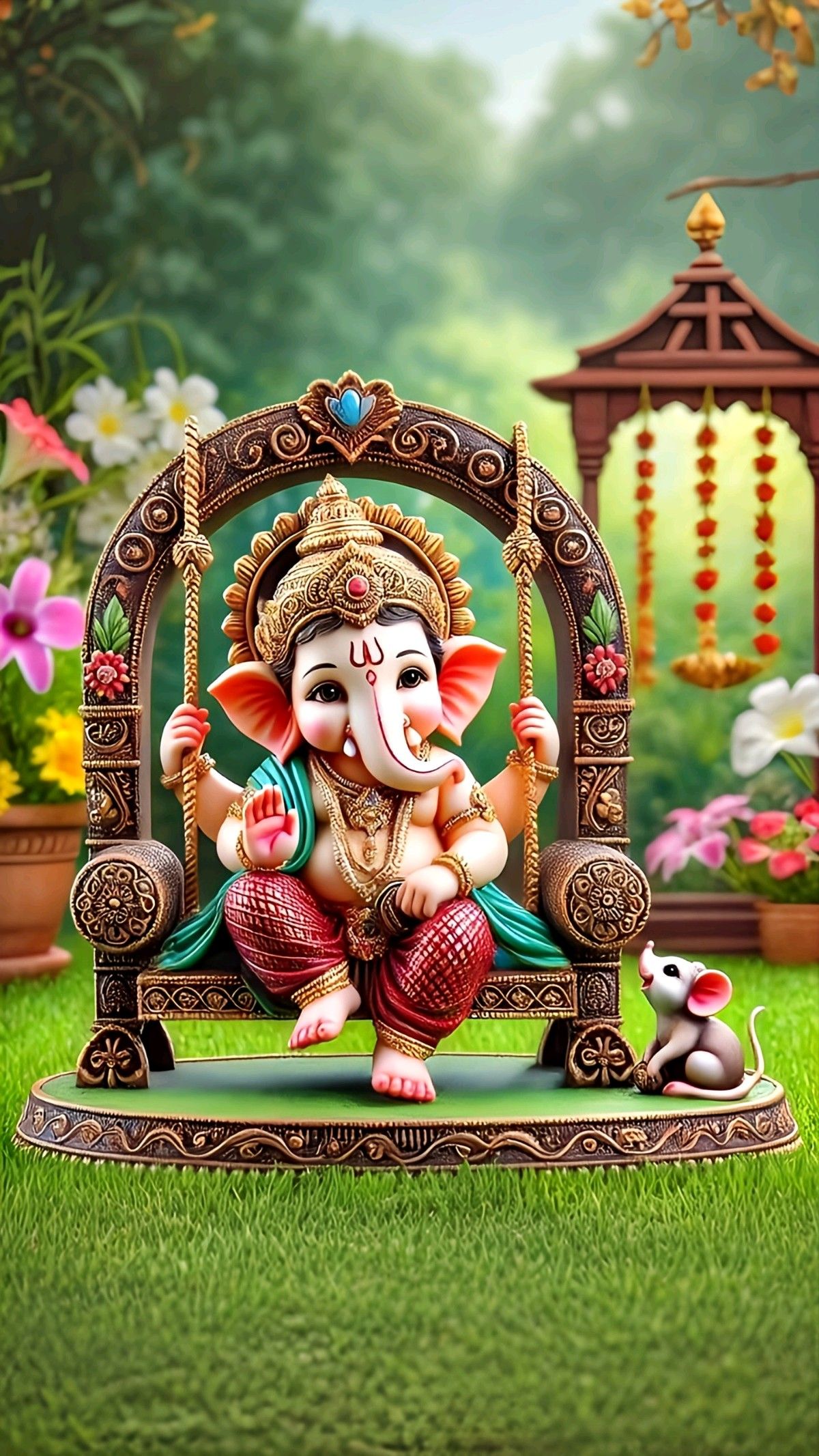Ganesha enjoying a floral swing ride