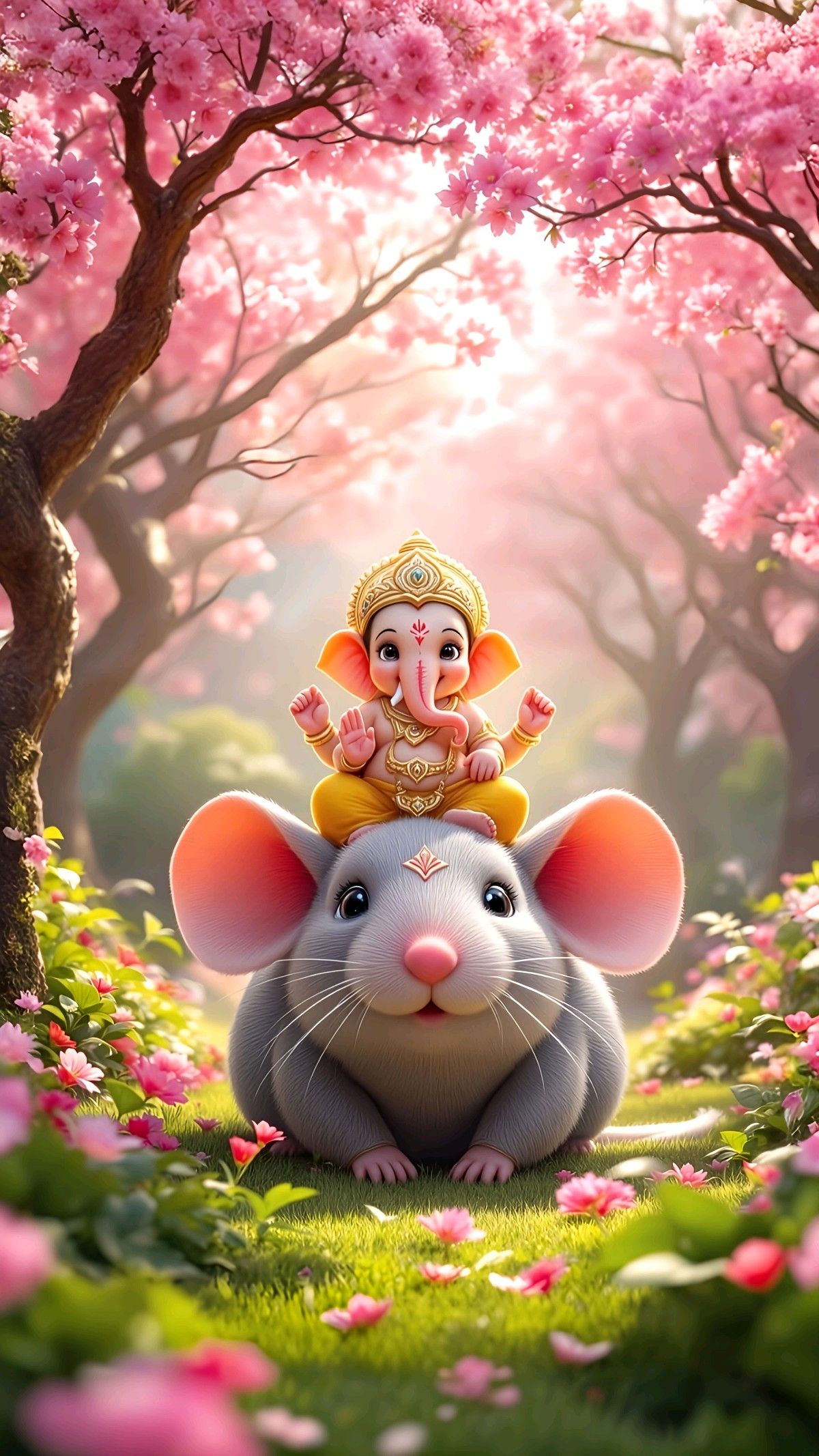 Ganesha riding a mouse under blossoms