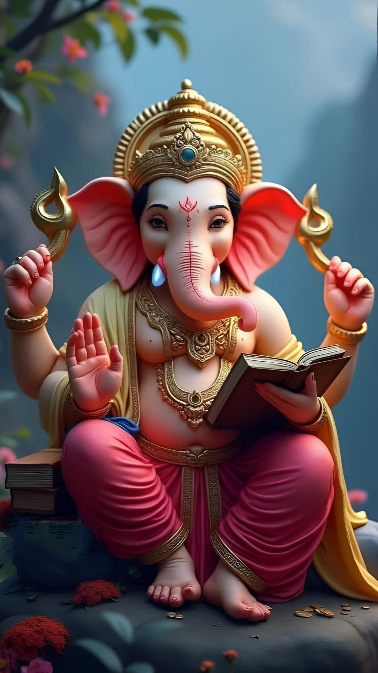 Lord Ganesha writing with a book.