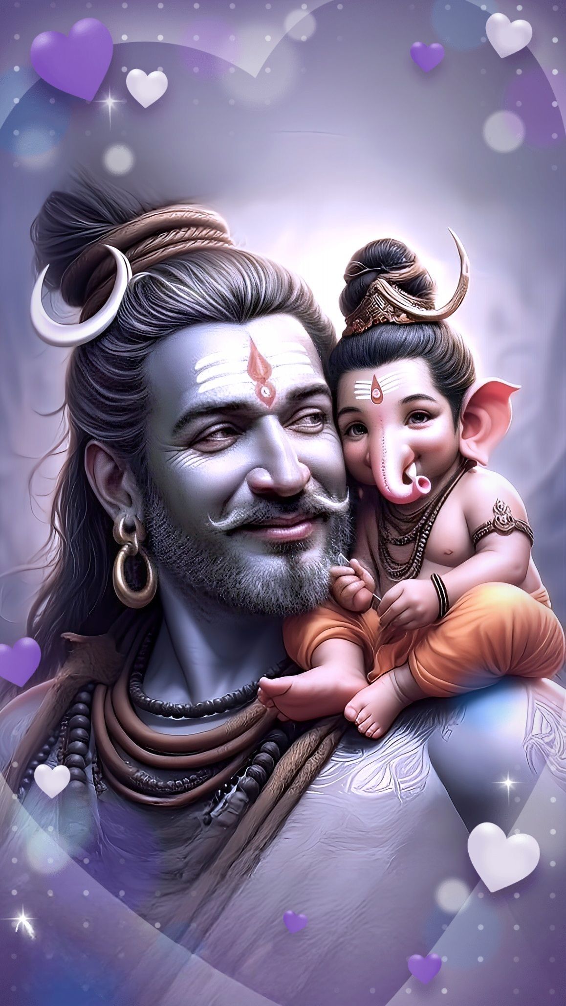 Shiva lovingly embraces baby Ganesha.