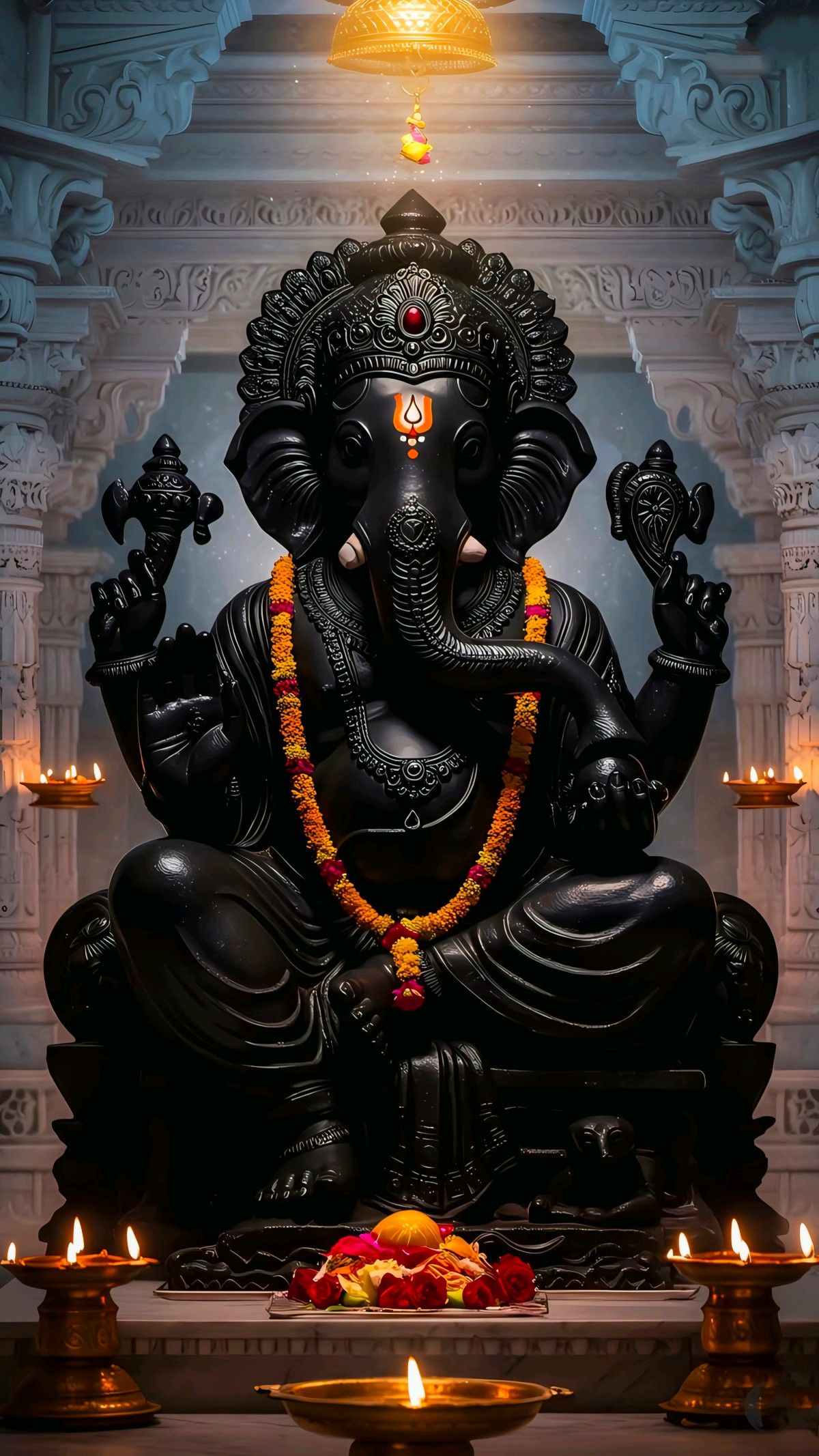 Black stone Ganesha statue temple offering