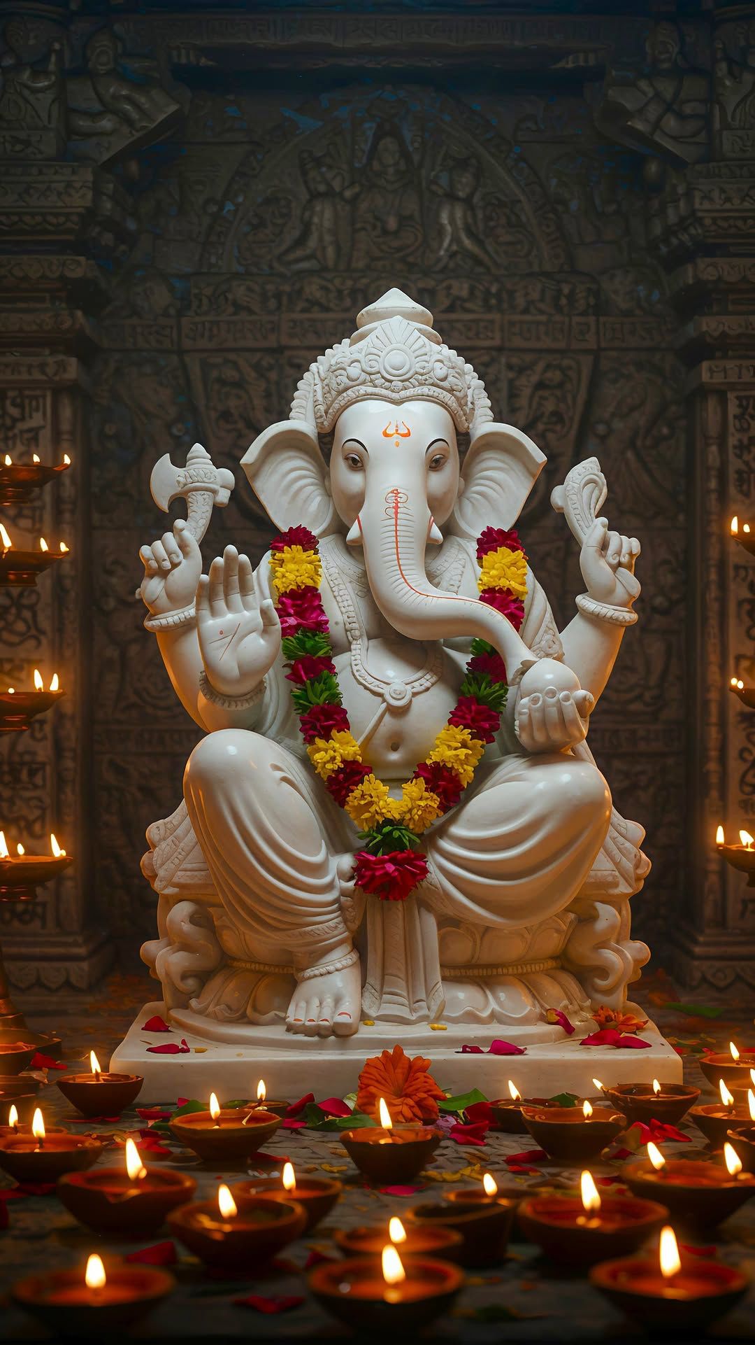 White Ganesha statue with flower garland