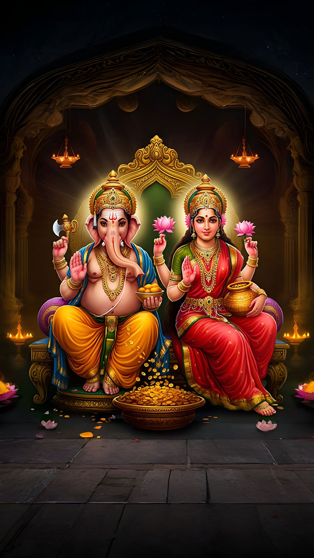Ganesha and Lakshmi seated on a throne