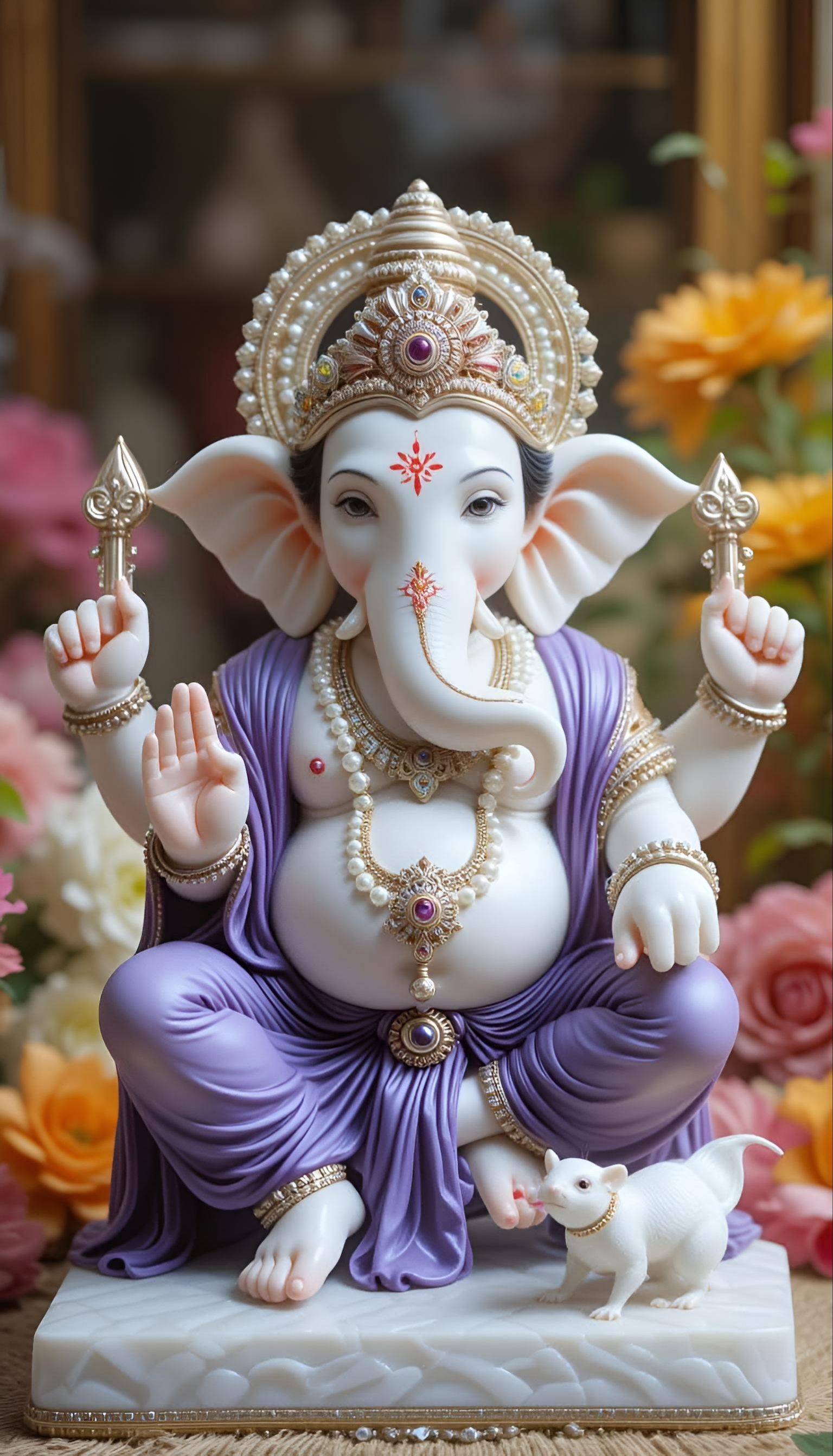 Lord Ganesha with mouse and pearls.