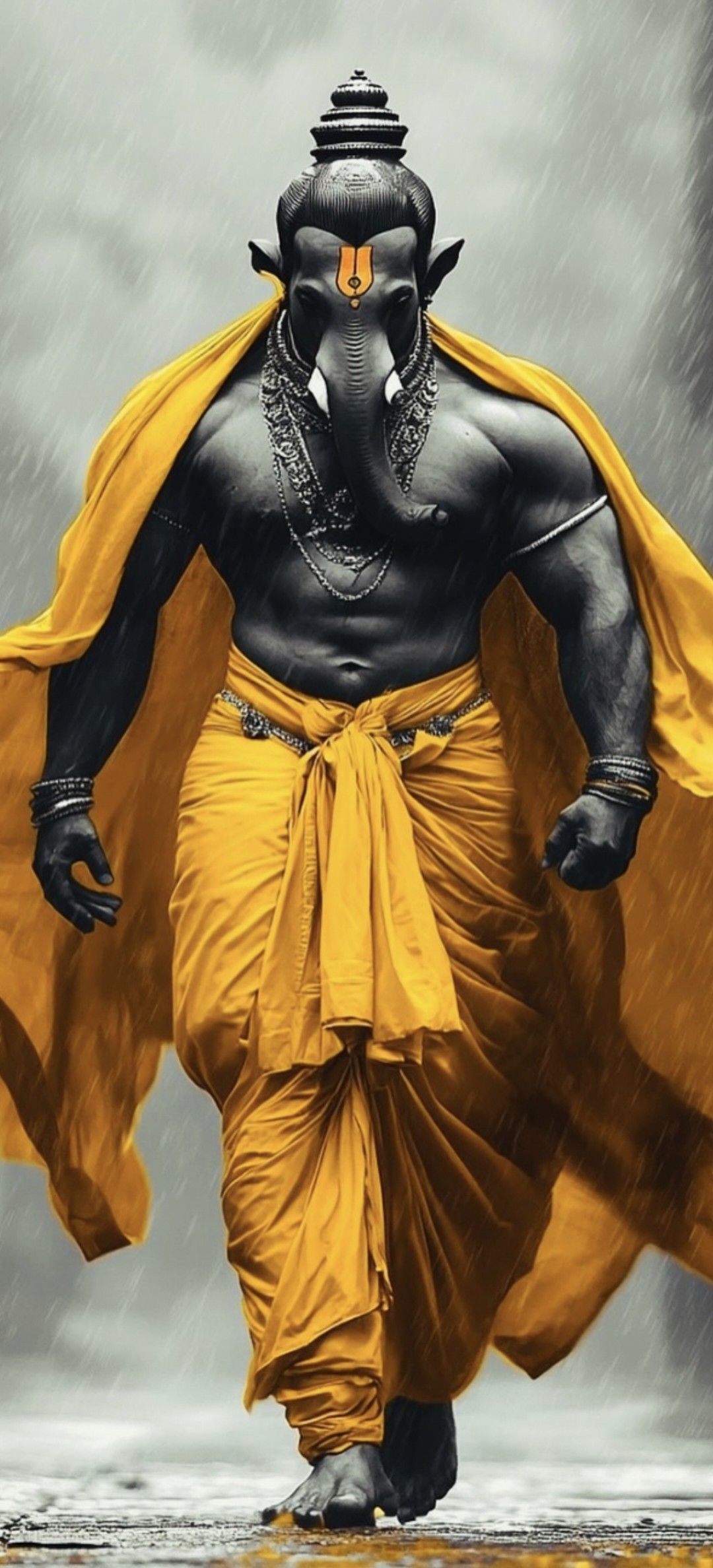 Powerful Ganesha amidst a rainstorm