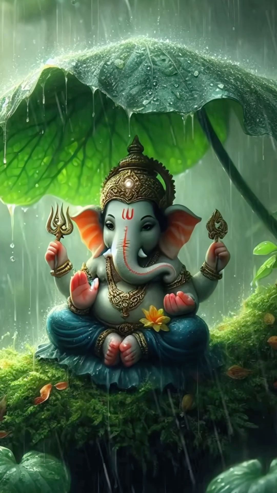 Ganesha sheltered from rain with lotus