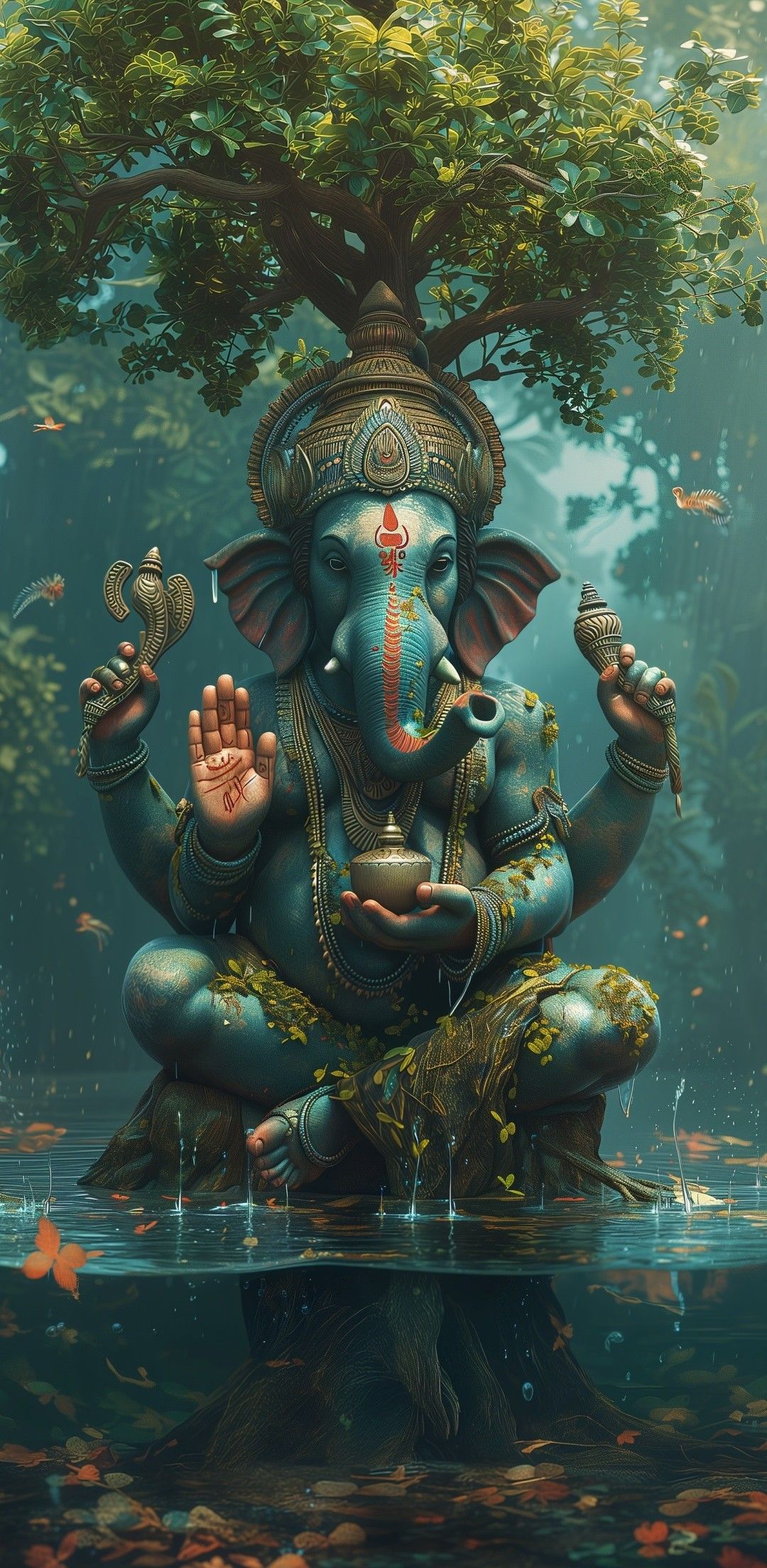 Ganesha sits under a lush tree.