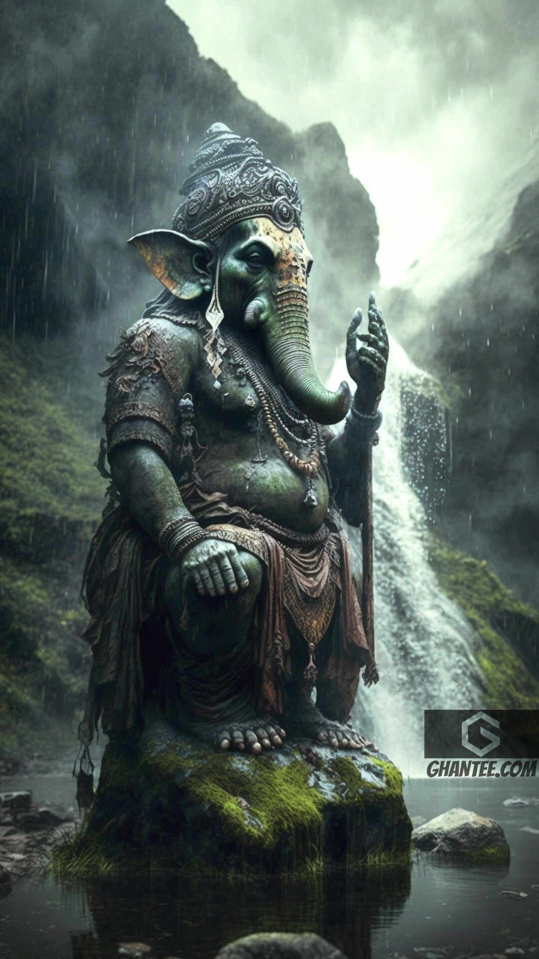 Ganesha statue at a powerful waterfall