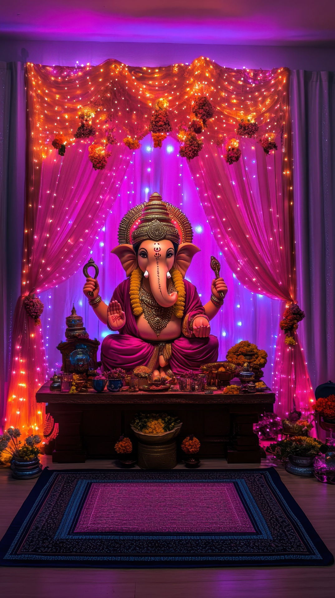Ganesha adorned with lights and flowers