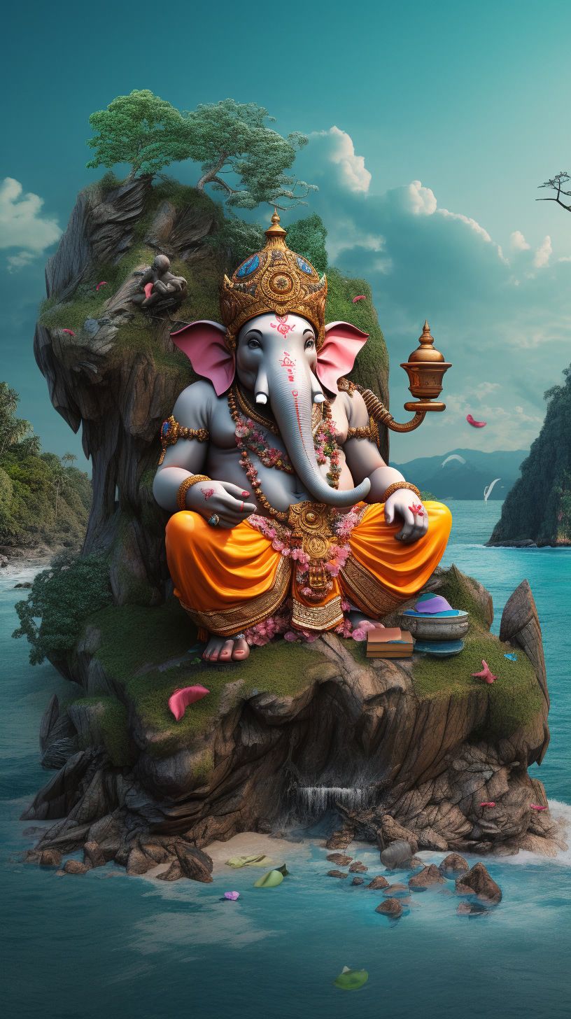 Ganesha seated on a tropical island