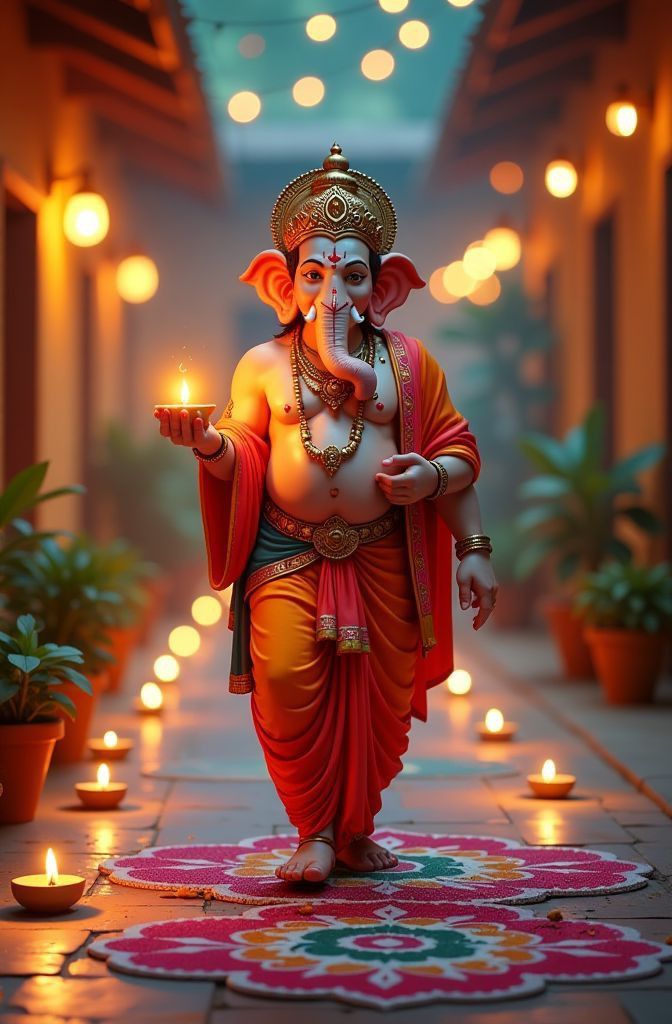 Lord Ganesha holding a lit diya