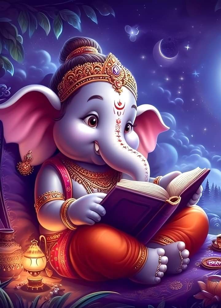 Baby Ganesha reading a holy book