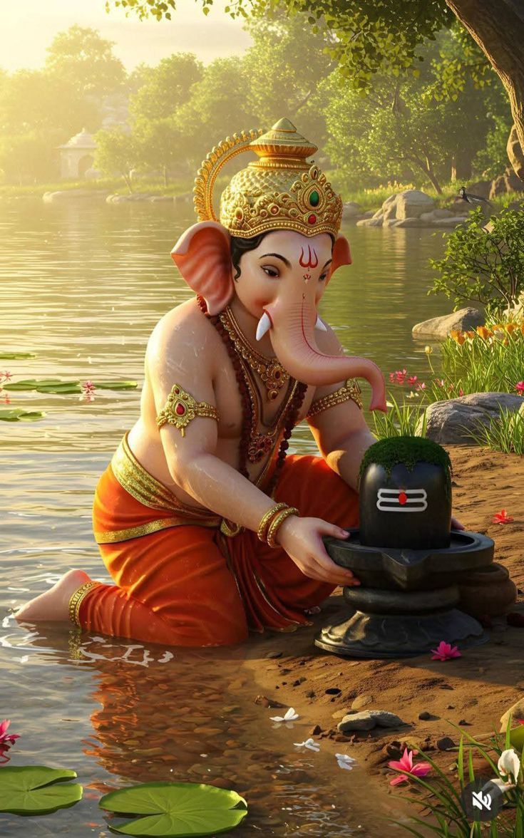 Ganesha offering modak by peaceful lake.