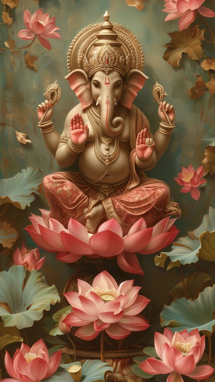 Ganesha seated amongst pink lotuses