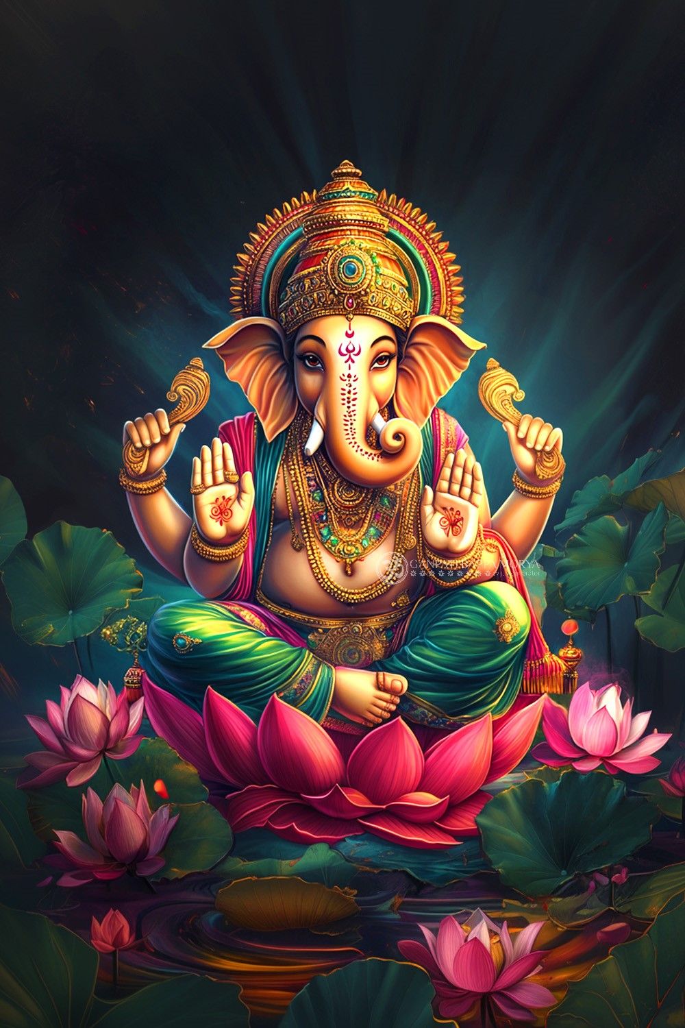 Ganesha seated on lotus, blessing hands