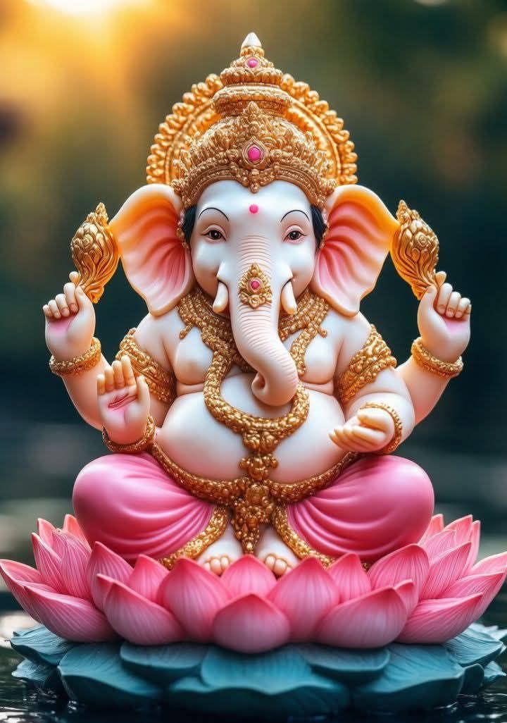Ganesha seated on a pink lotus