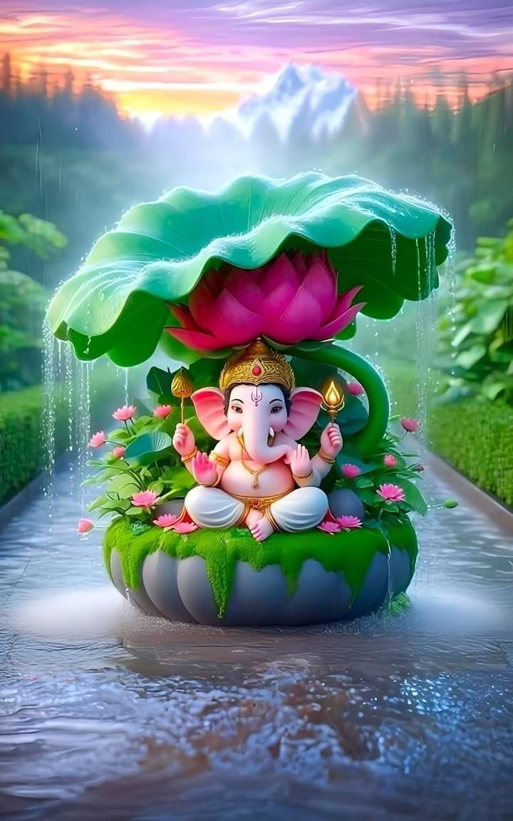 Ganesha resting on lotus flower.