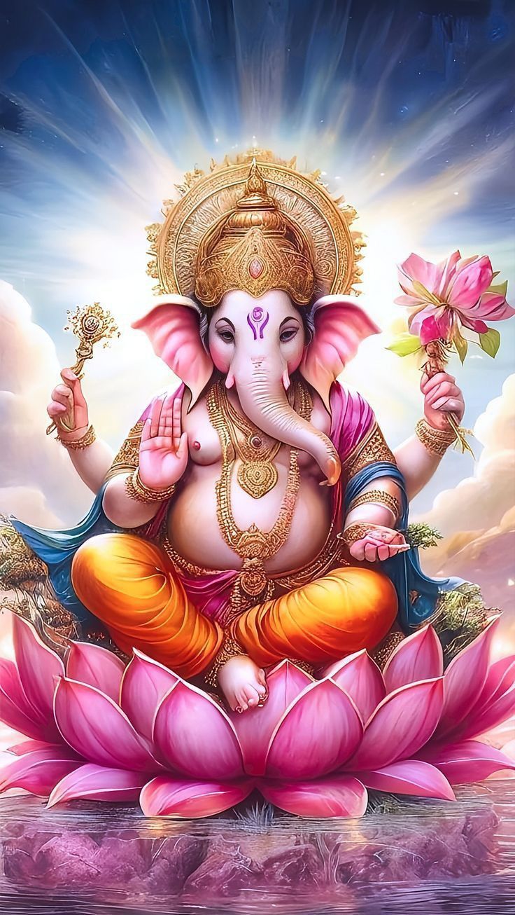 Ganesha seated on a pink lotus