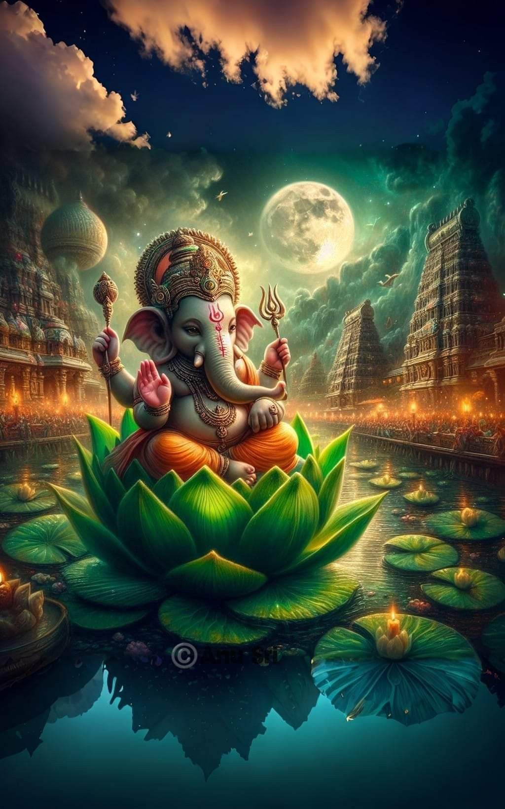 Ganesha seated on a lotus flower