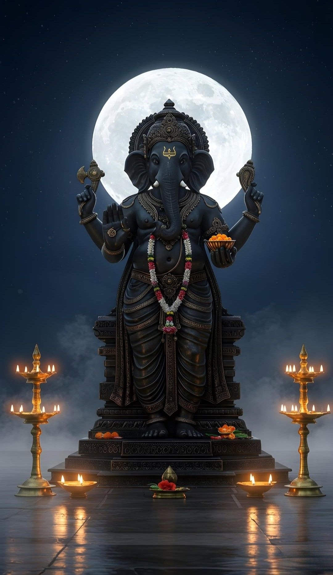 Ganesha under the full moon, serene.