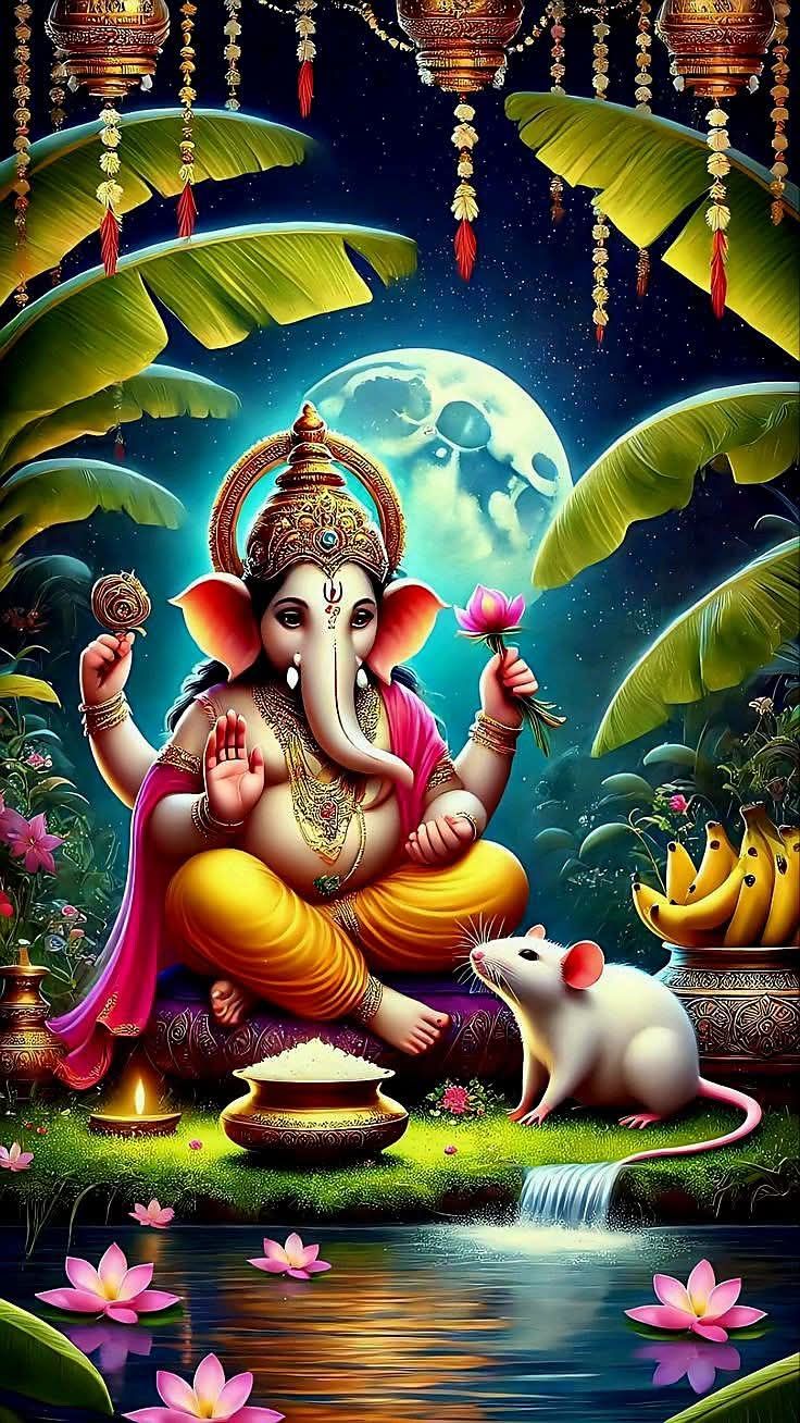 Lord Ganesha in a moonlit garden