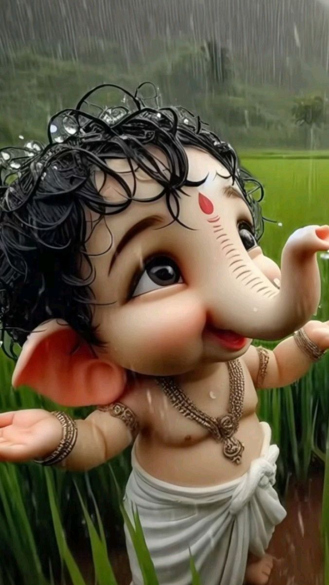 Rain-soaked baby Ganesha in greenery