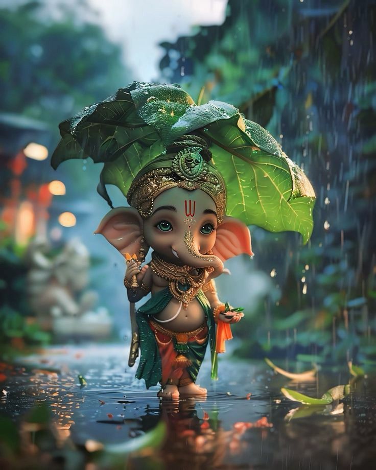Ganesha with a leaf umbrella during rain